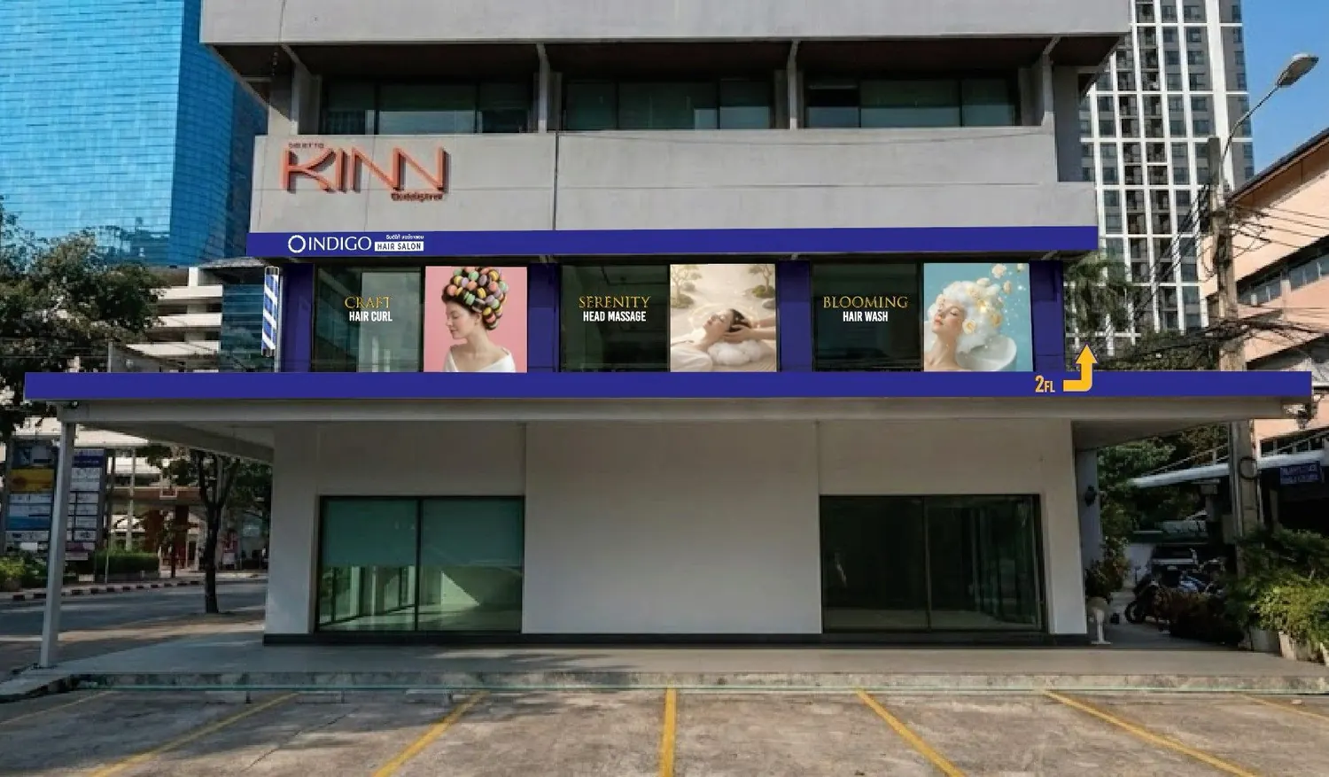 หน้าร้าน Indigo Hair Salon พร้อมป้ายสีน้ำเงินและลูกศรบอกทางขึ้นชั้น 2